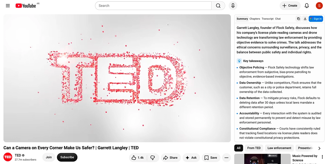 The summary panel open beside a TED talk on YouTube, showing a TL;DR and five key takeaways with the Summary, Chapters, Transcript and Chat tabs
