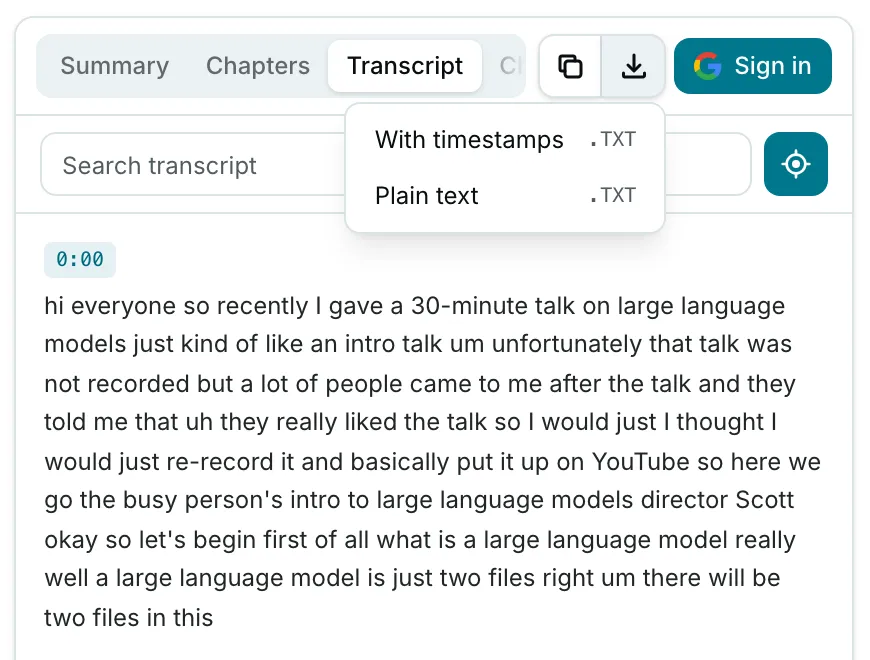 The download menu above the Transcript tab with two options, With timestamps and Plain text, both .txt.