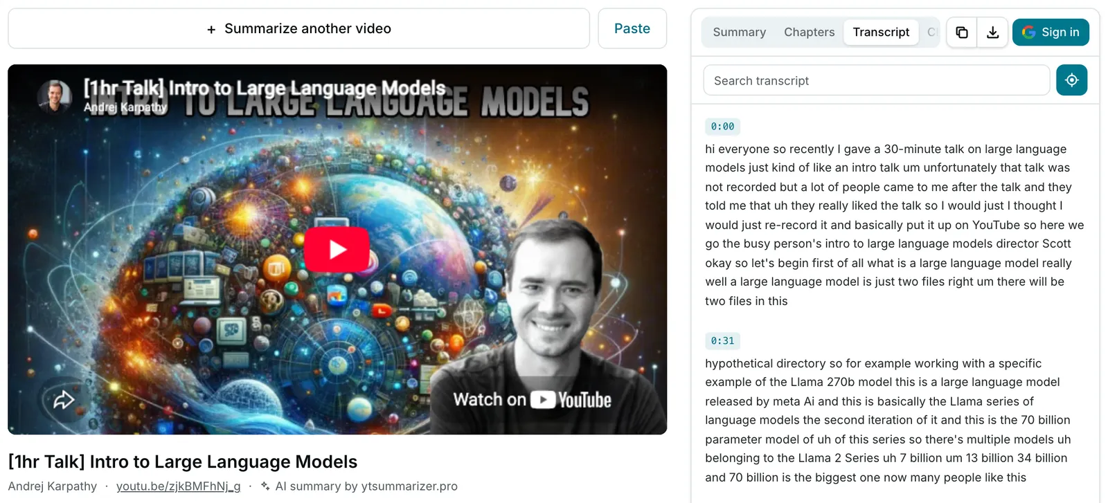 The Transcript tab open beside the YouTube player: a search box, then paragraphs of the video’s text, each starting with a timestamp such as 0:00 and 0:31.